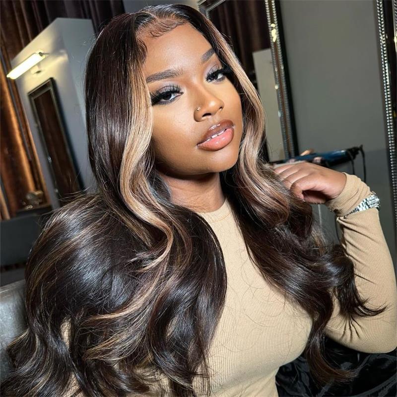 Money Piece Brown Body Wave Human Hair Lace Wig | Transparent Lace Front | Glueless Skunk Stripe | Lumma